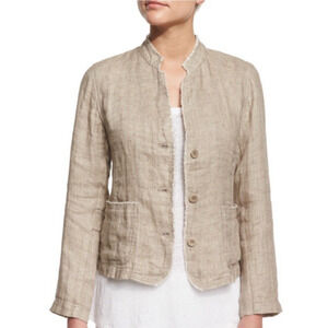 EILEEN FISHER Organic Linen Tan Blazer Large Boho Lagenlook Beach Artsy